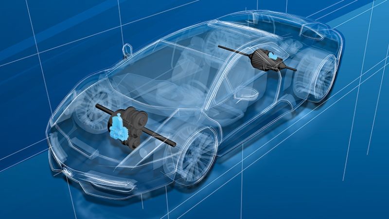 Technische Visualisierung vom Auto mit Getriebe, Getriebeaktuierung, PCT, Piston Controlled Transmission Technologie, blau.